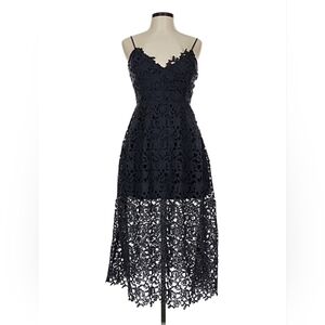 Astr The Label Navy Lace Midi Dress with Sheer Lace Skirt